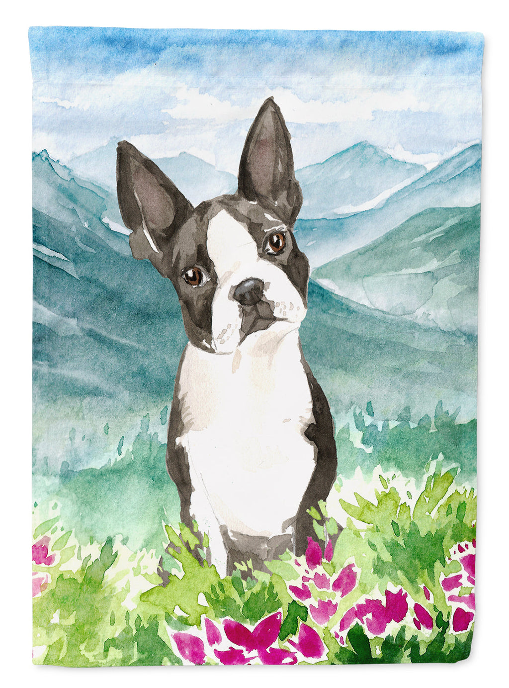 Mountain Flowers Boston Terrier House Flag 28x40 Porch Sleeve Pole Decorative Outside Yard Banner Artwork Wall Hanging, Polyester
