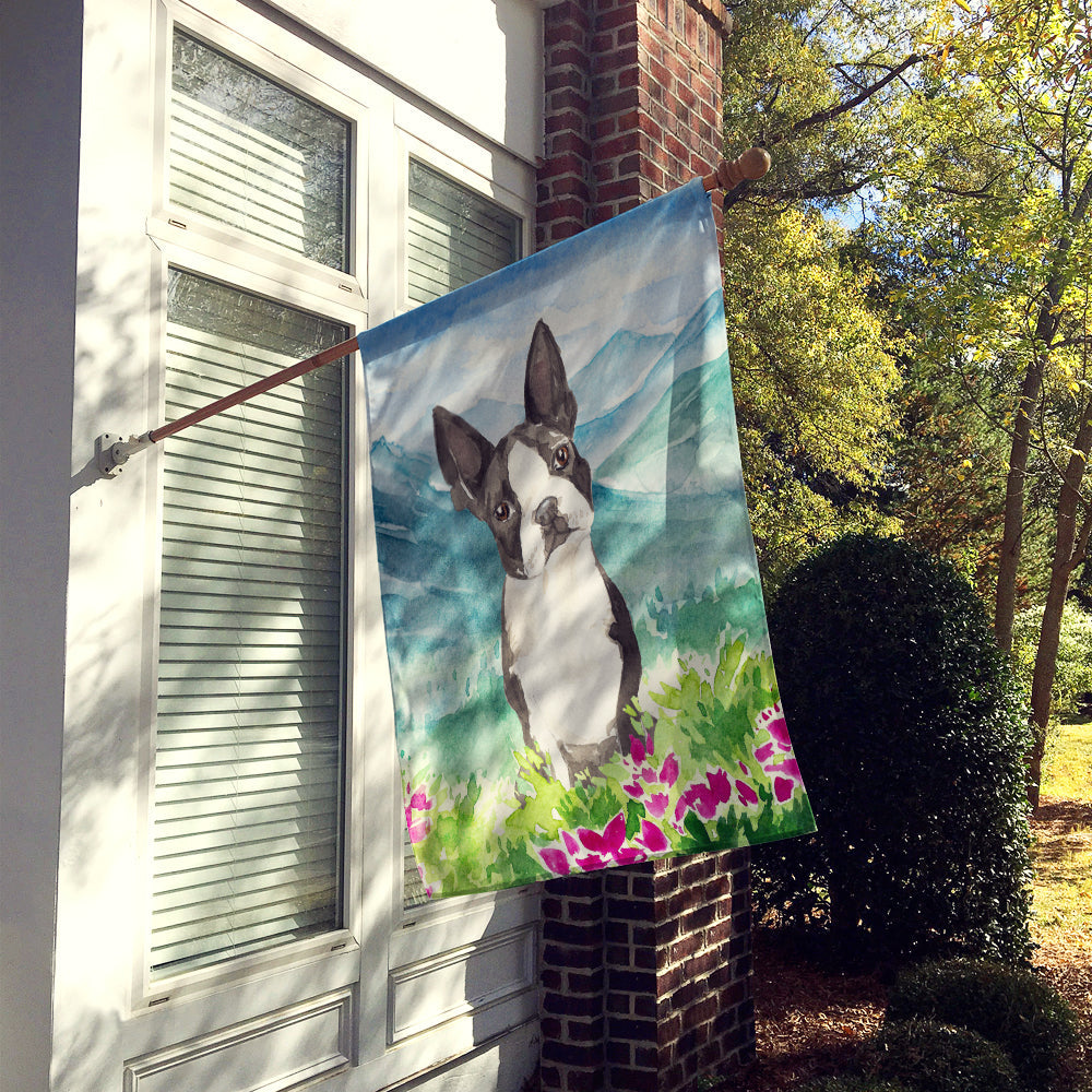 Mountain Flowers Boston Terrier House Flag 28x40 Porch Sleeve Pole Decorative Outside Yard Banner Artwork Wall Hanging, Polyester