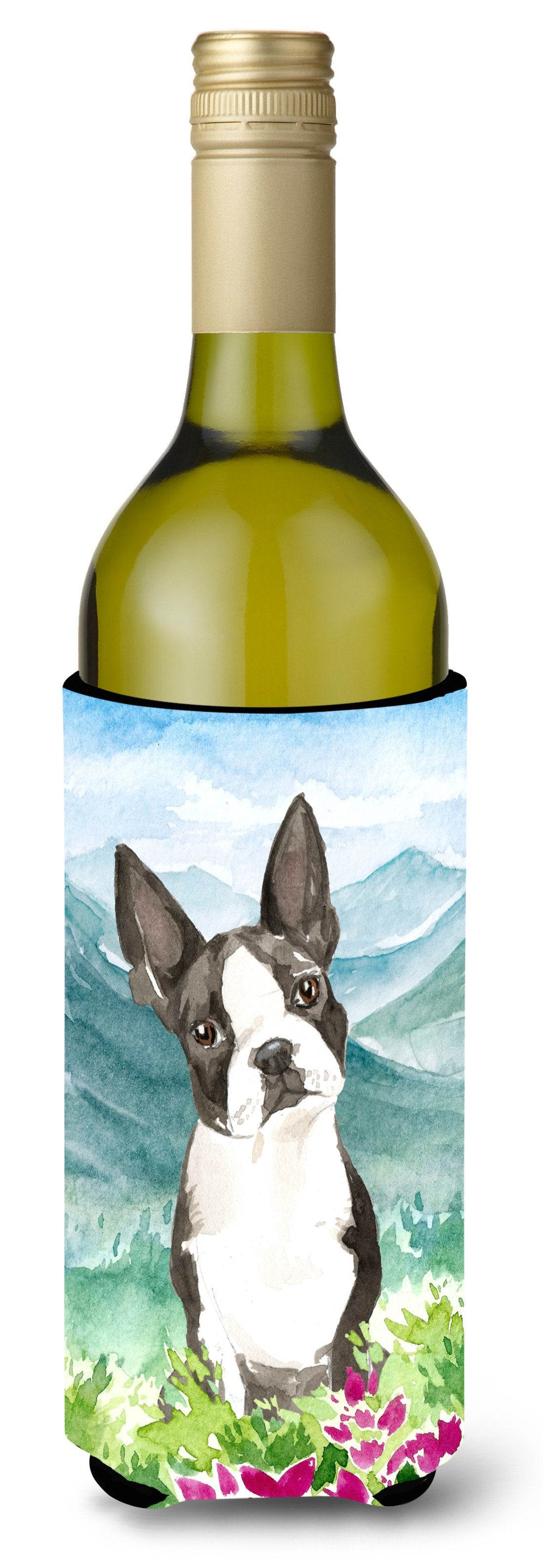 Mountain Flowers Boston Terrier Wine Bottle Hugger Gift Sleeve for Standard 750 ml Bottles, Insulated Reusable Also Fits Mini Shot & Pint Bottles