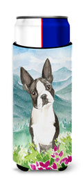 Mountain Flowers Boston Terrier Slim Can Hugger , Insulated Foam Hugger for 12 oz Slim Cans, Beer Bottles & Water Bottles, Printed in USA