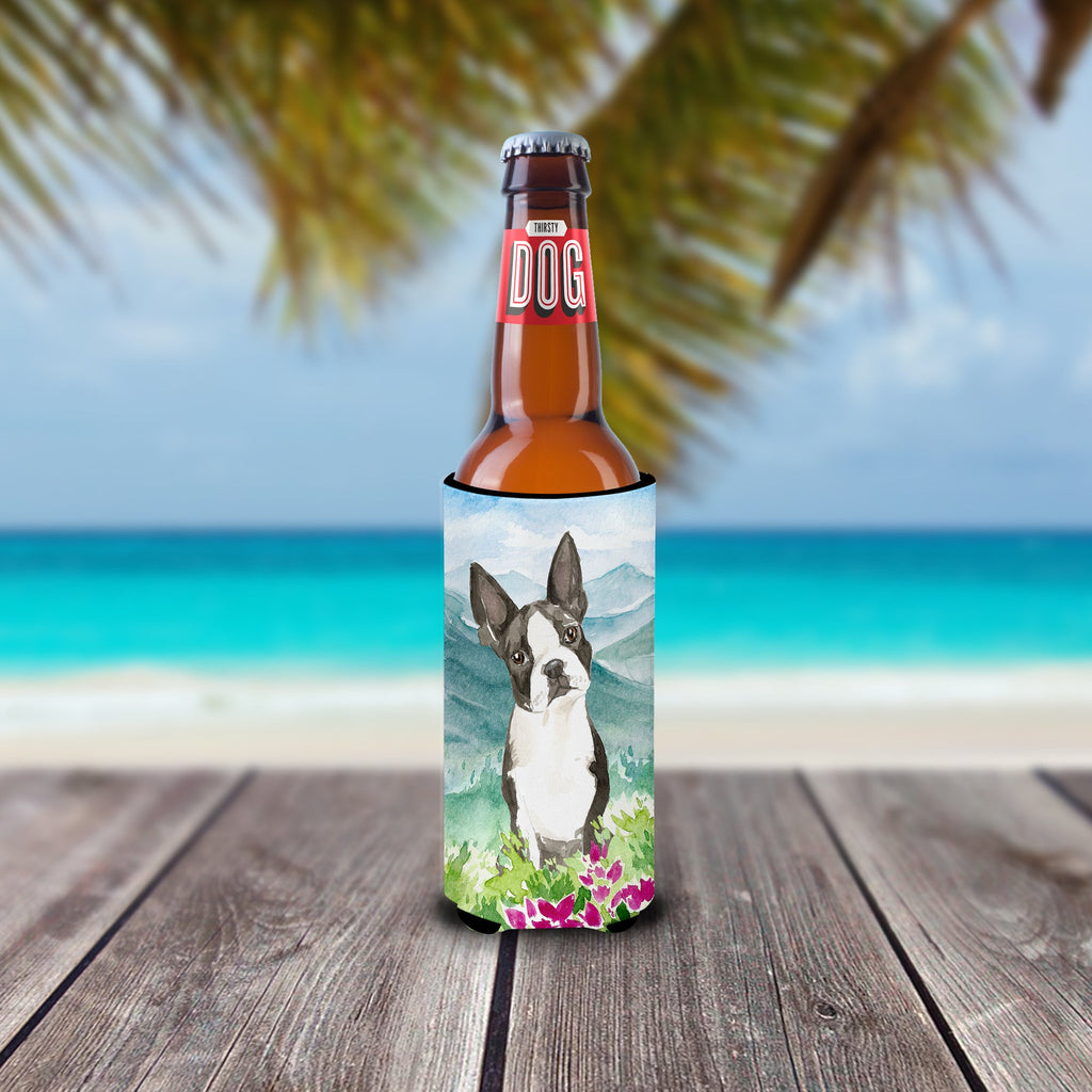 Mountain Flowers Boston Terrier Slim Can Hugger , Insulated Foam Hugger for 12 oz Slim Cans, Beer Bottles & Water Bottles, Printed in USA