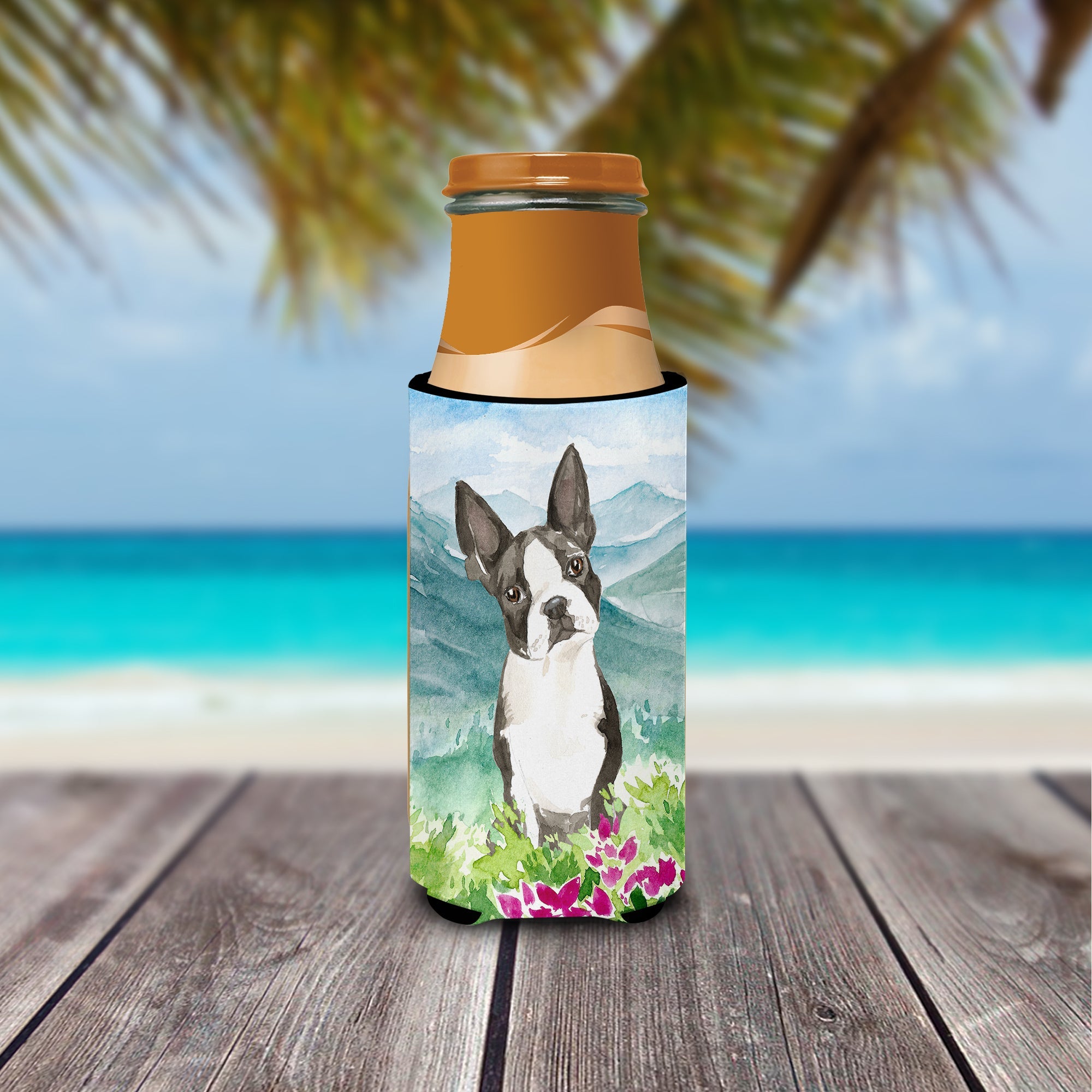 Mountain Flowers Boston Terrier Slim Can Hugger , Insulated Foam Hugger for 12 oz Slim Cans, Beer Bottles & Water Bottles, Printed in USA