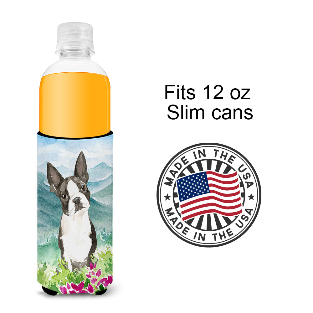 Mountain Flowers Boston Terrier Slim Can Hugger , Insulated Foam Hugger for 12 oz Slim Cans, Beer Bottles & Water Bottles, Printed in USA