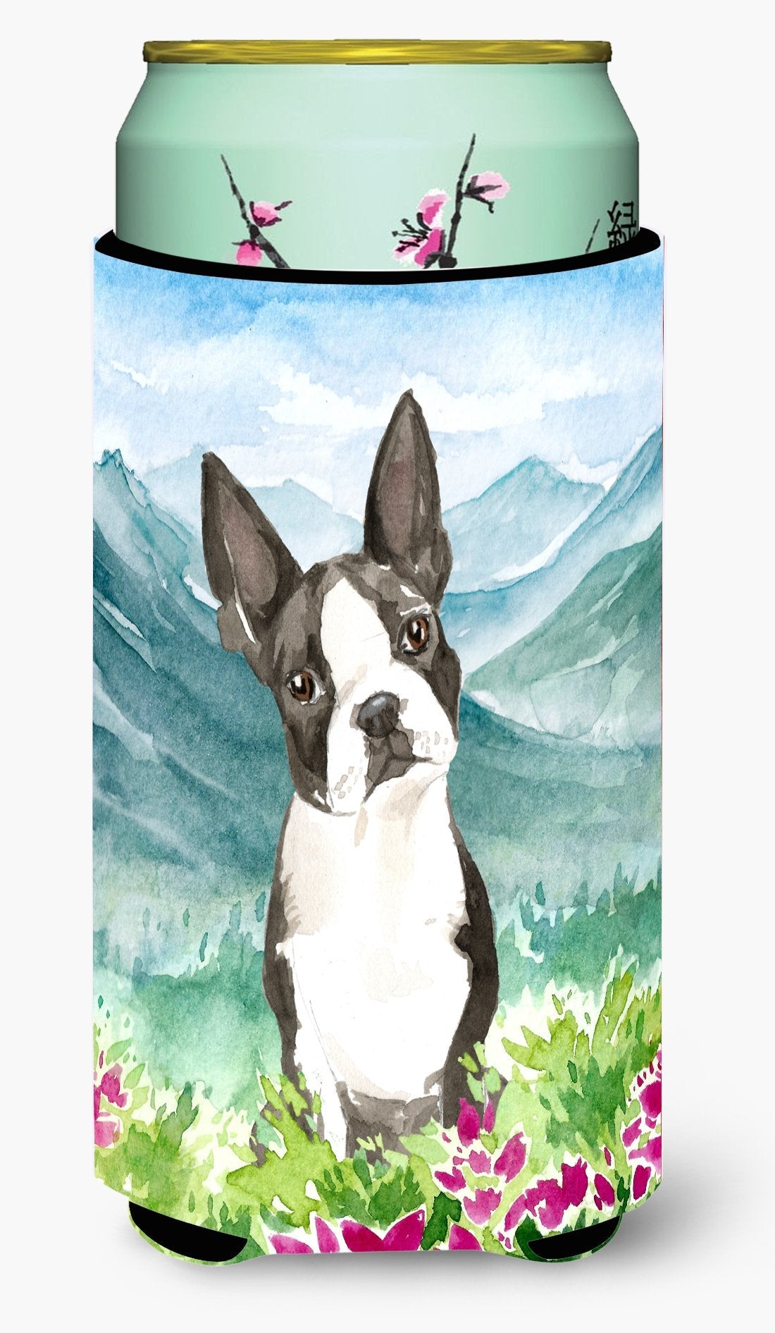 Mountain Flowers Boston Terrier Tall Boy Hugger Can Cooler Sleeve Machine Washable Drink Collapsible Insulator Beverage Insulated Holder
