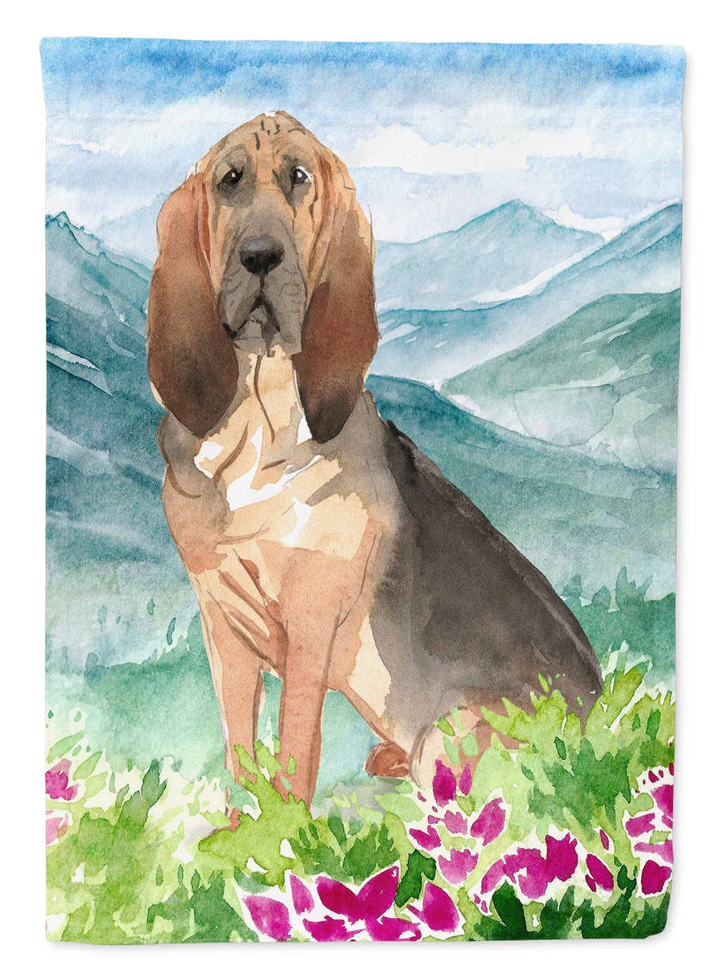 Mountain Flowers Bloodhound House Flag 28x40 Porch Sleeve Pole Decorative Outside Yard Banner Artwork Wall Hanging, Polyester