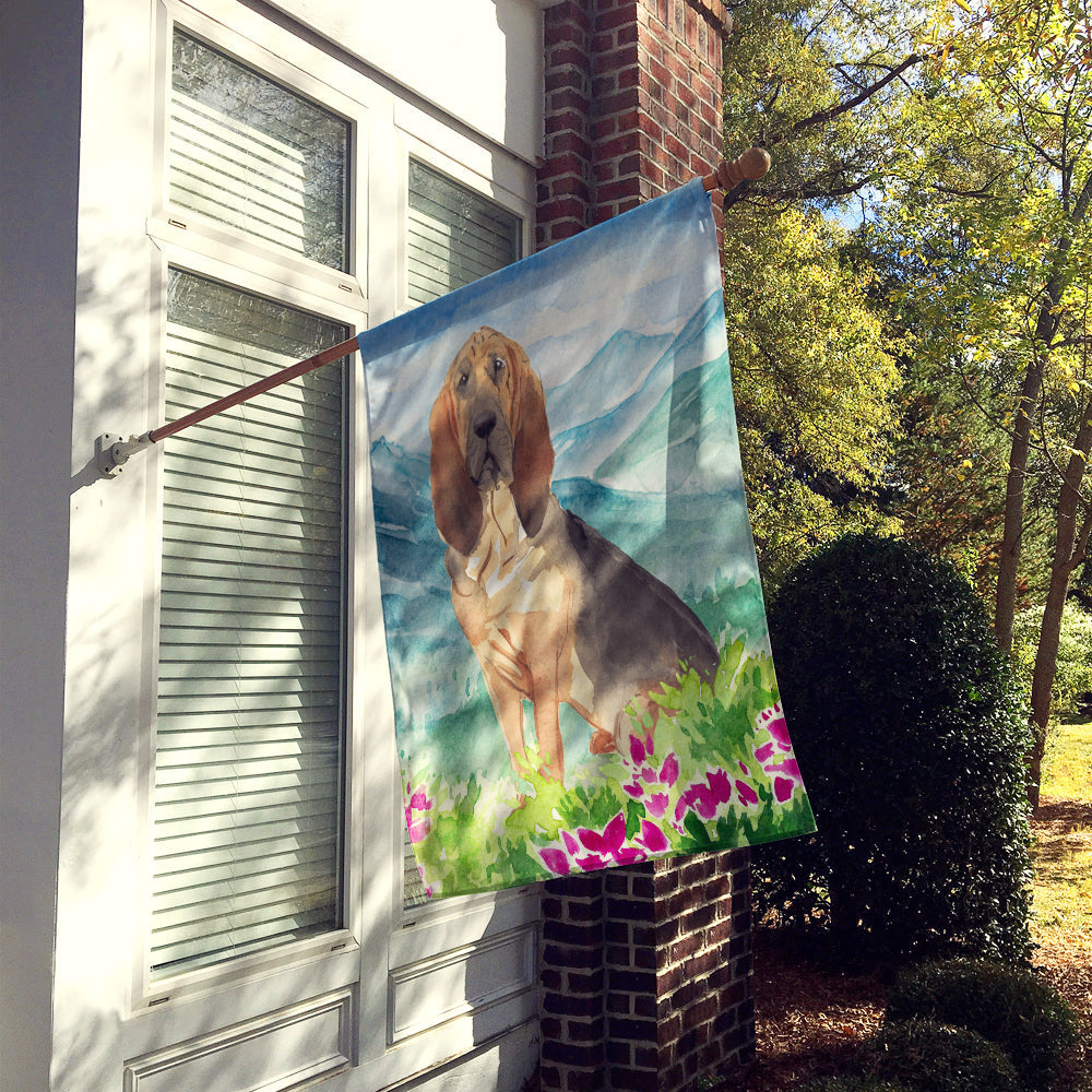 Mountain Flowers Bloodhound House Flag 28x40 Porch Sleeve Pole Decorative Outside Yard Banner Artwork Wall Hanging, Polyester