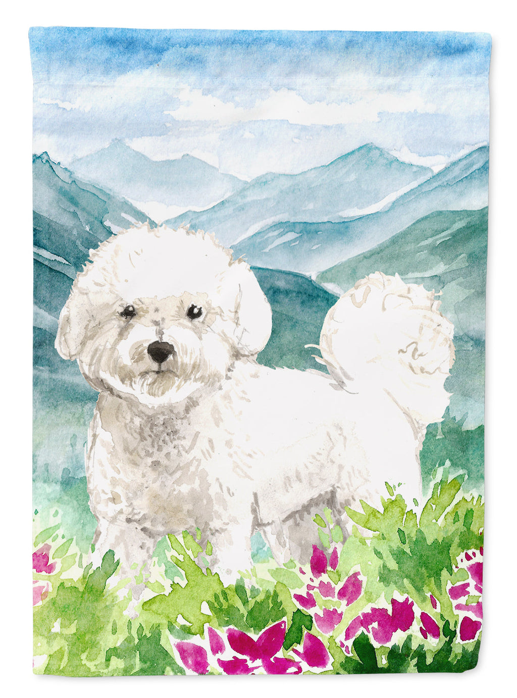 Mountain Flowers Bichon Frise House Flag 28x40 Porch Sleeve Pole Decorative Outside Yard Banner Artwork Wall Hanging, Polyester