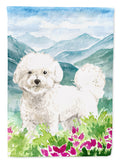 Mountain Flowers Bichon Frise House Flag 28x40 Porch Sleeve Pole Decorative Outside Yard Banner Artwork Wall Hanging, Polyester