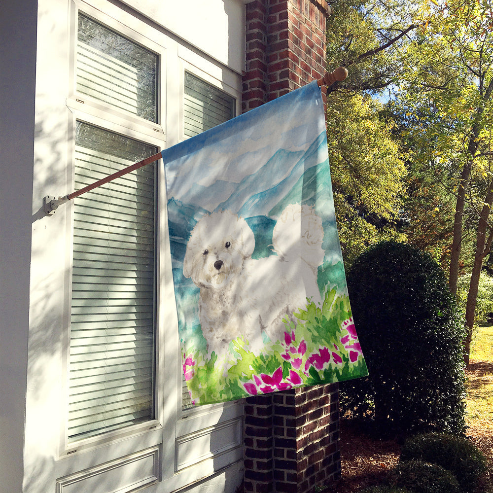 Mountain Flowers Bichon Frise House Flag 28x40 Porch Sleeve Pole Decorative Outside Yard Banner Artwork Wall Hanging, Polyester