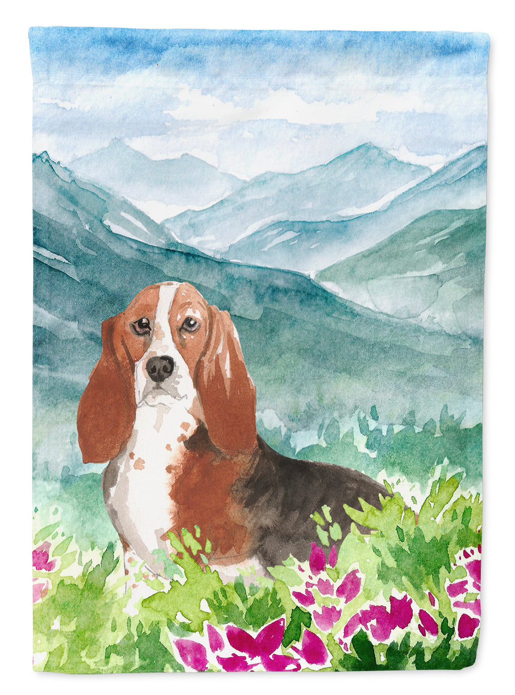 Mountain Flowers Basset Hound House Flag 28x40 Porch Sleeve Pole Decorative Outside Yard Banner Artwork Wall Hanging, Polyester
