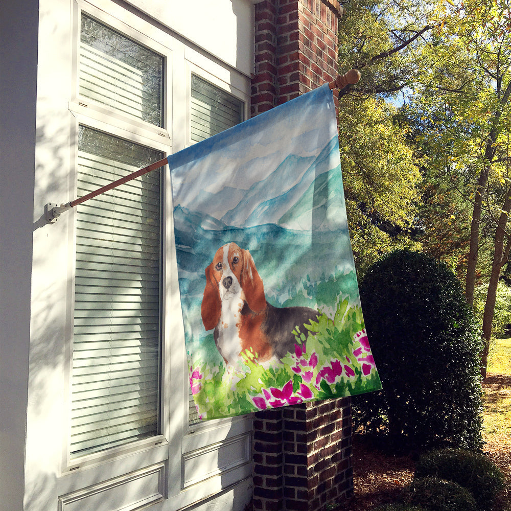 Mountain Flowers Basset Hound House Flag 28x40 Porch Sleeve Pole Decorative Outside Yard Banner Artwork Wall Hanging, Polyester