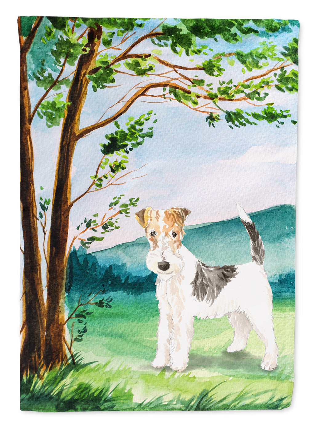 Under the Tree Fox Terrier House Flag 28x40 Porch Sleeve Pole Decorative Outside Yard Banner Artwork Wall Hanging, Polyester