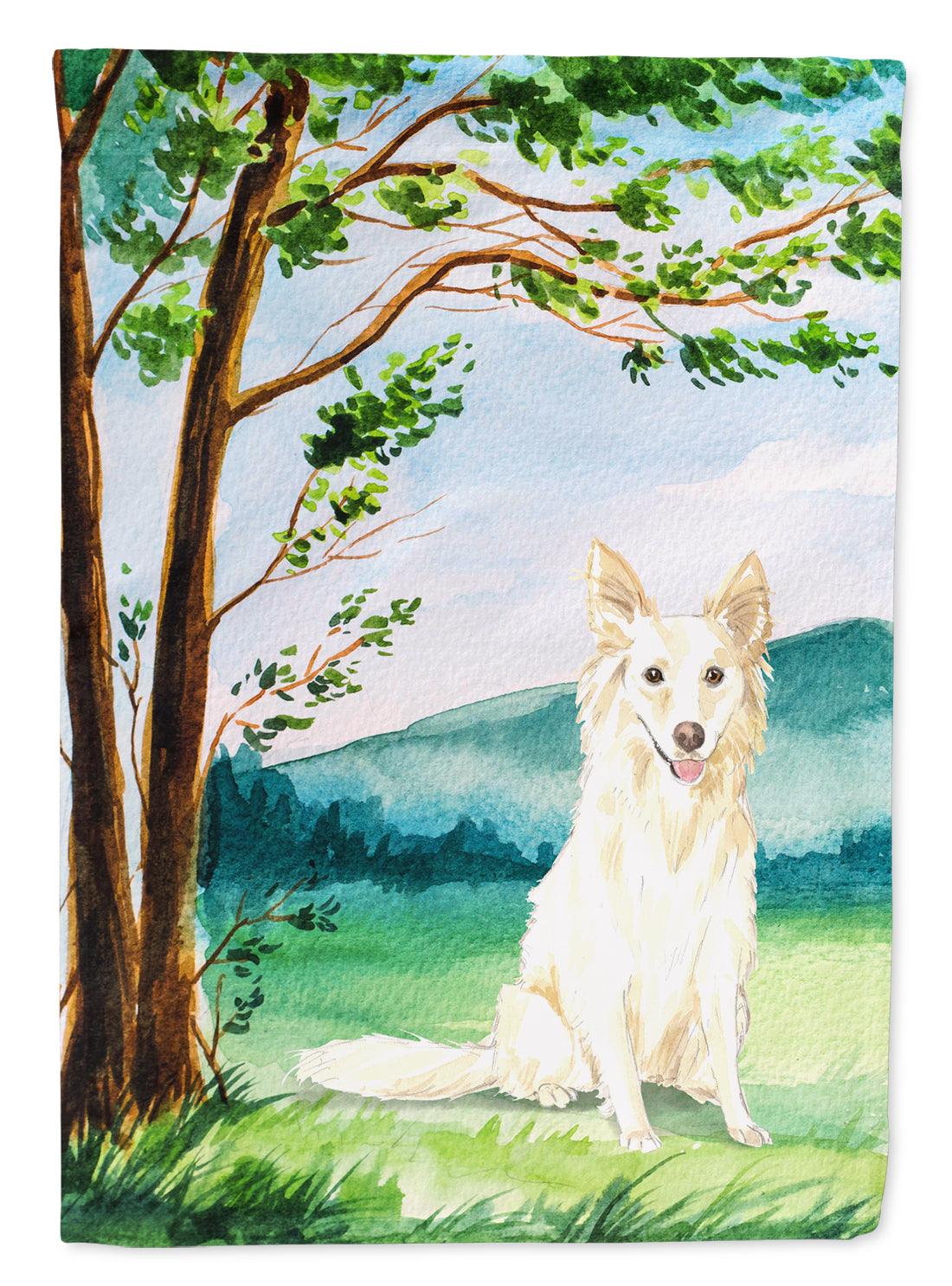 Under the Tree White Collie House Flag 28x40 Porch Sleeve Pole Decorative Outside Yard Banner Artwork Wall Hanging, Polyester