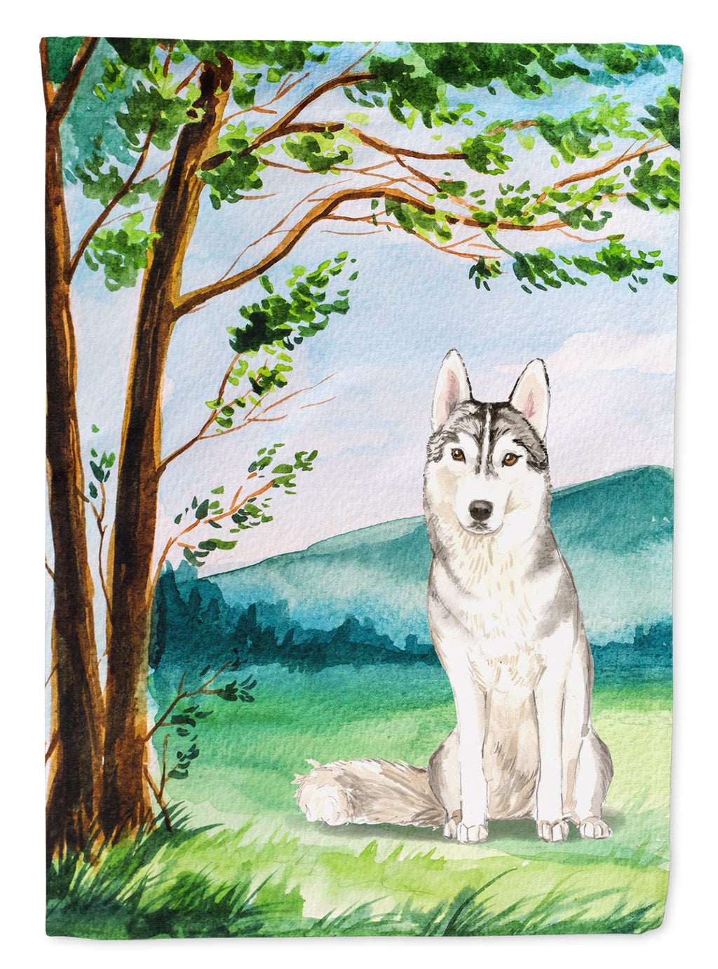 Under the Tree Siberian Husky House Flag 28x40 Porch Sleeve Pole Decorative Outside Yard Banner Artwork Wall Hanging, Polyester