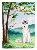 Under the Tree Siberian Husky House Flag 28x40 Porch Sleeve Pole Decorative Outside Yard Banner Artwork Wall Hanging, Polyester