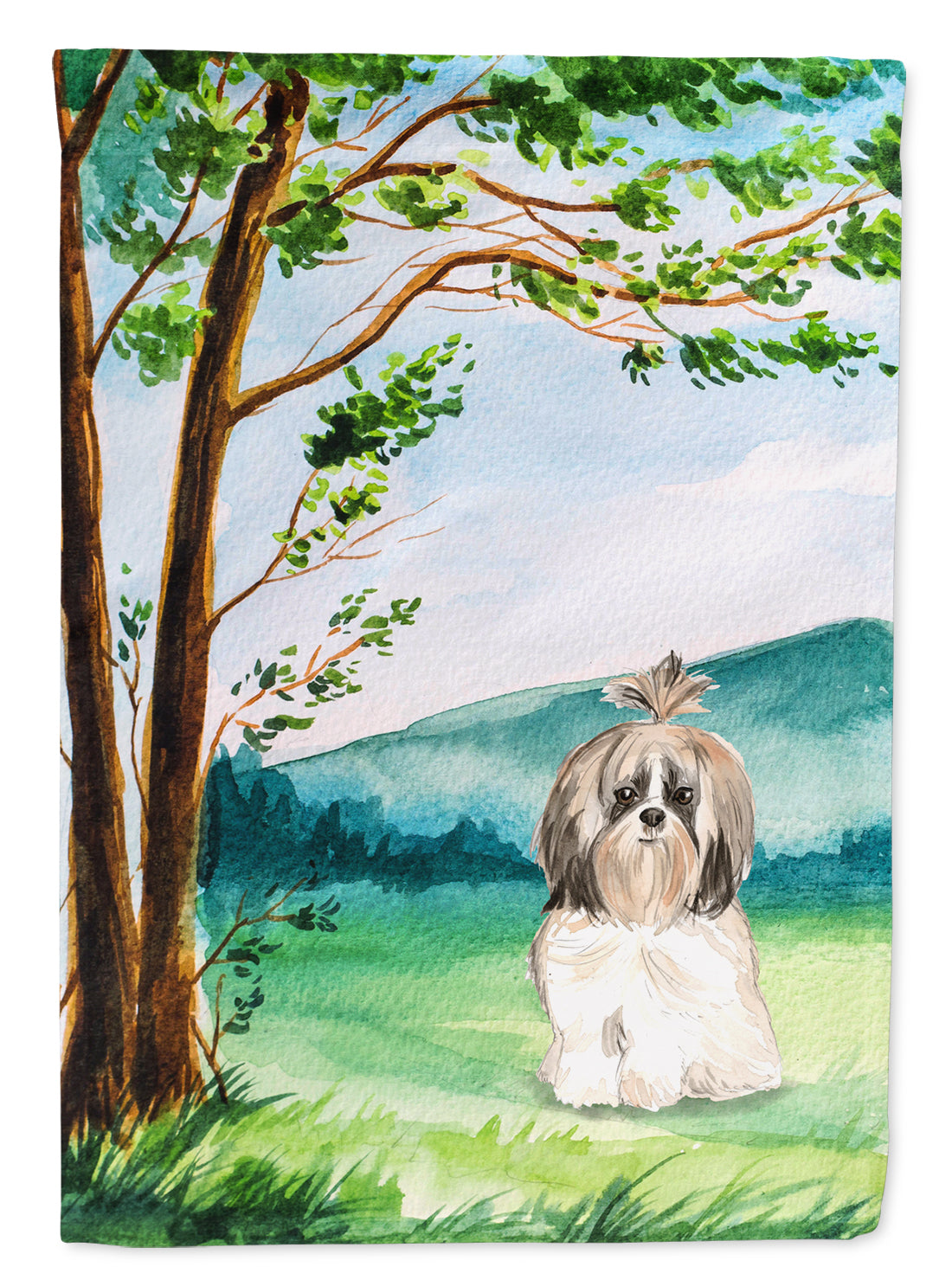 Under the Tree Shih Tzu House Flag 28x40 Porch Sleeve Pole Decorative Outside Yard Banner Artwork Wall Hanging, Polyester