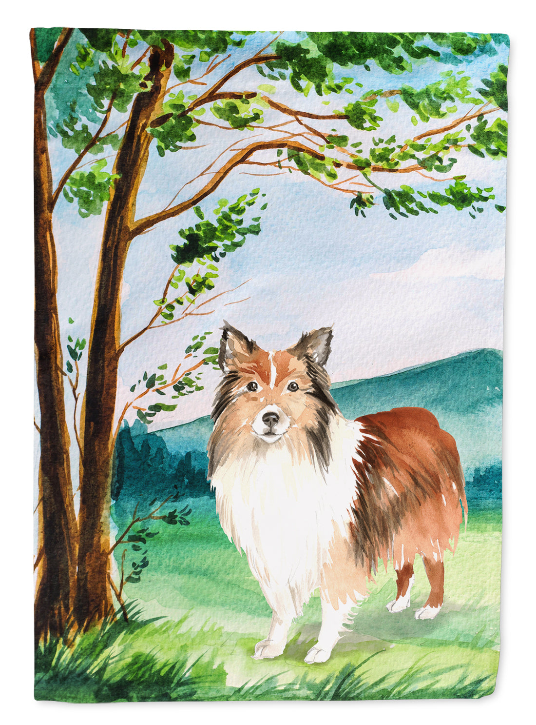 Under the Tree Sheltie House Flag 28x40 Porch Sleeve Pole Decorative Outside Yard Banner Artwork Wall Hanging, Polyester