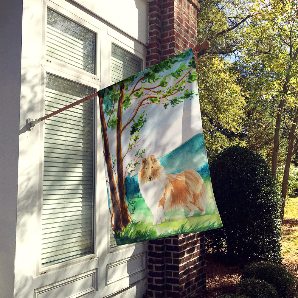 Under the Tree Collie House Flag 28x40 Porch Sleeve Pole Decorative Outside Yard Banner Artwork Wall Hanging, Polyester
