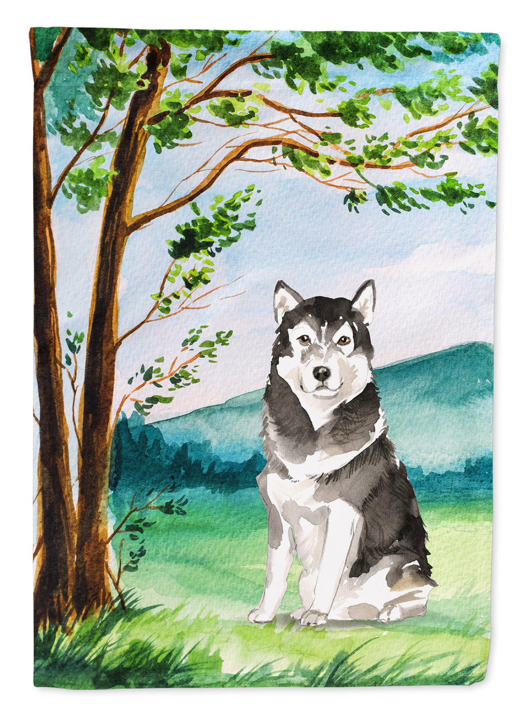 Under the Tree Alaskan Malamute House Flag 28x40 Porch Sleeve Pole Decorative Outside Yard Banner Artwork Wall Hanging, Polyester