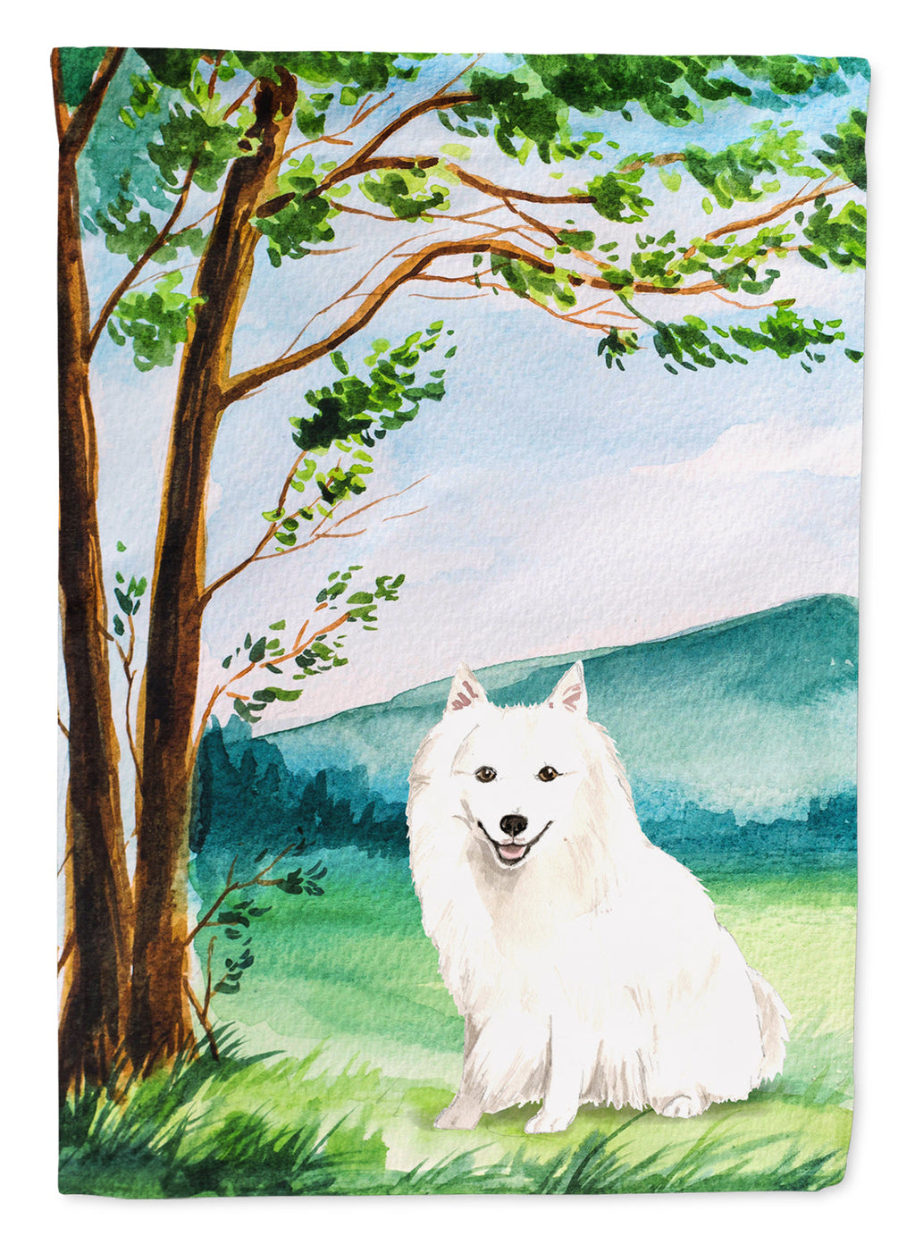 Under the Tree Japanese Spitz House Flag 28x40 Porch Sleeve Pole Decorative Outside Yard Banner Artwork Wall Hanging, Polyester