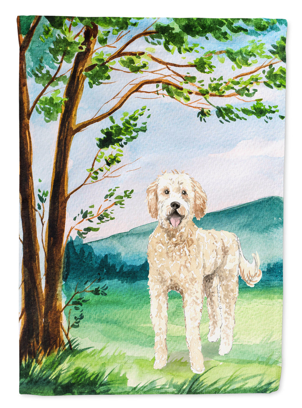 Under the Tree Goldendoodle House Flag 28x40 Porch Sleeve Pole Decorative Outside Yard Banner Artwork Wall Hanging, Polyester