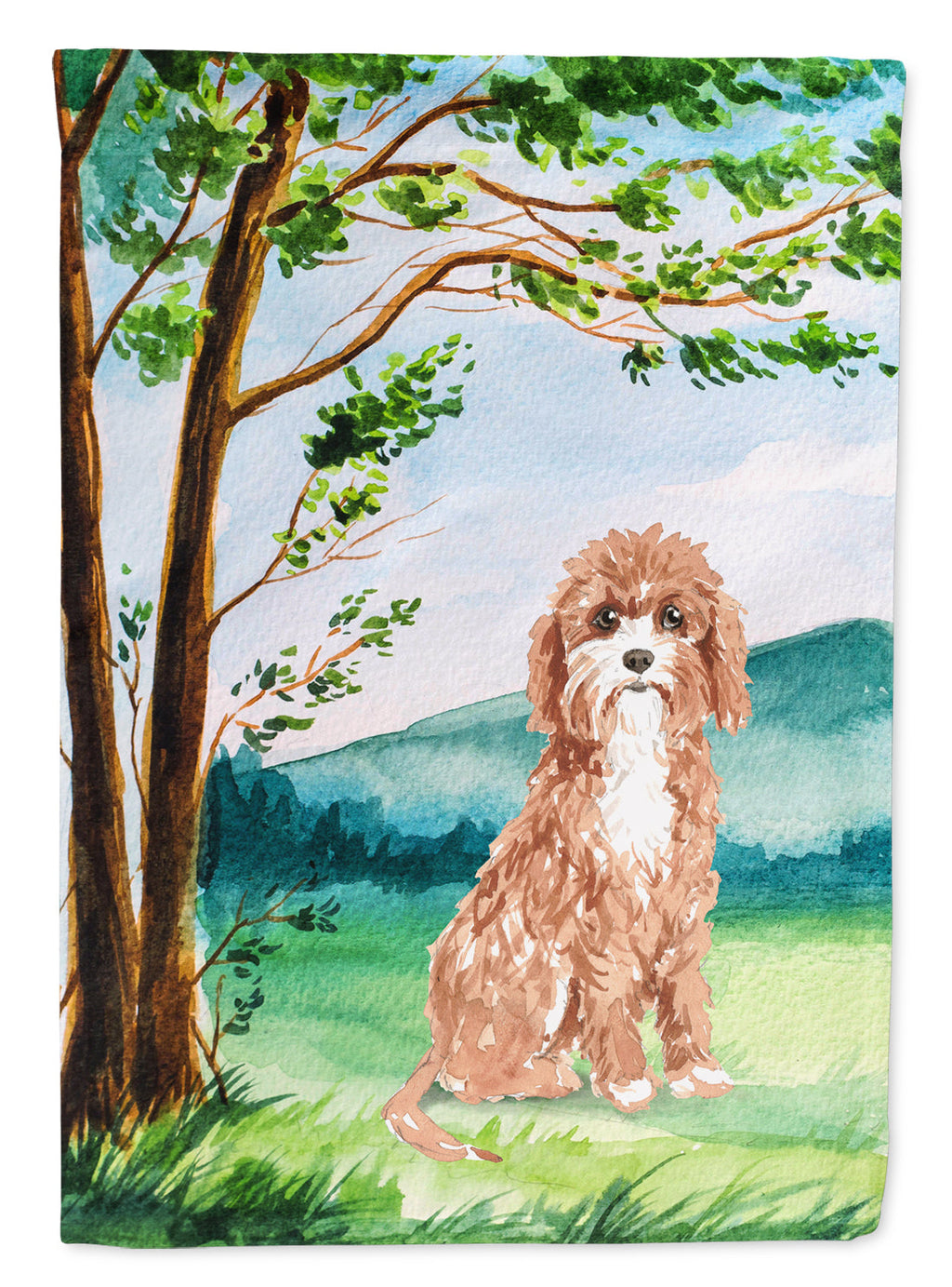 Under the Tree Cavapoo House Flag 28x40 Porch Sleeve Pole Decorative Outside Yard Banner Artwork Wall Hanging, Polyester