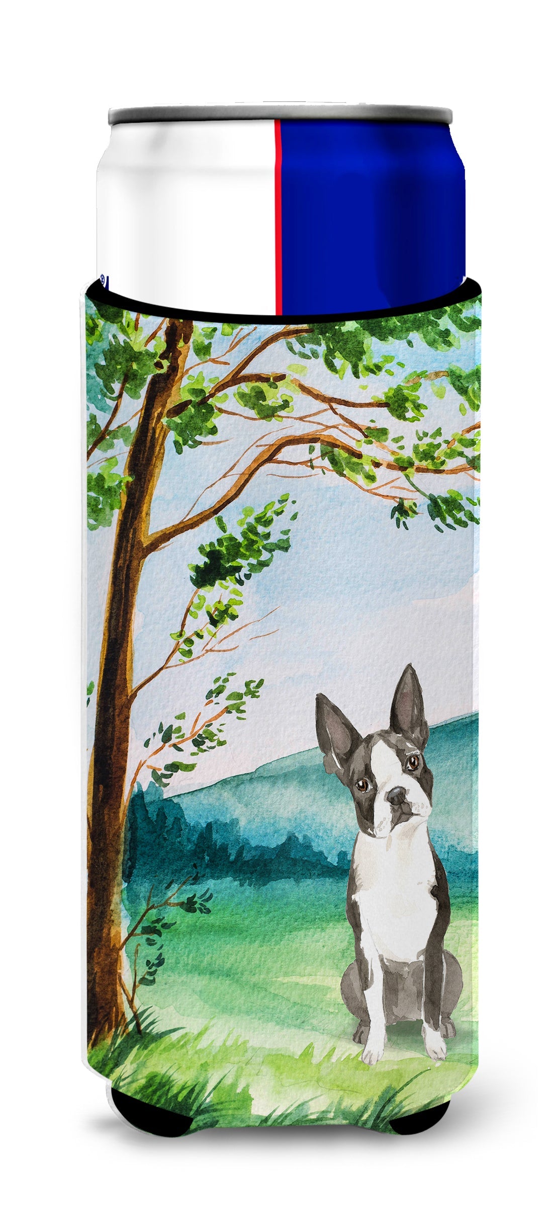 Under the Tree Boston Terrier Slim Can Hugger , Insulated Foam Hugger for 12 oz Slim Cans, Beer Bottles & Water Bottles, Printed in USA