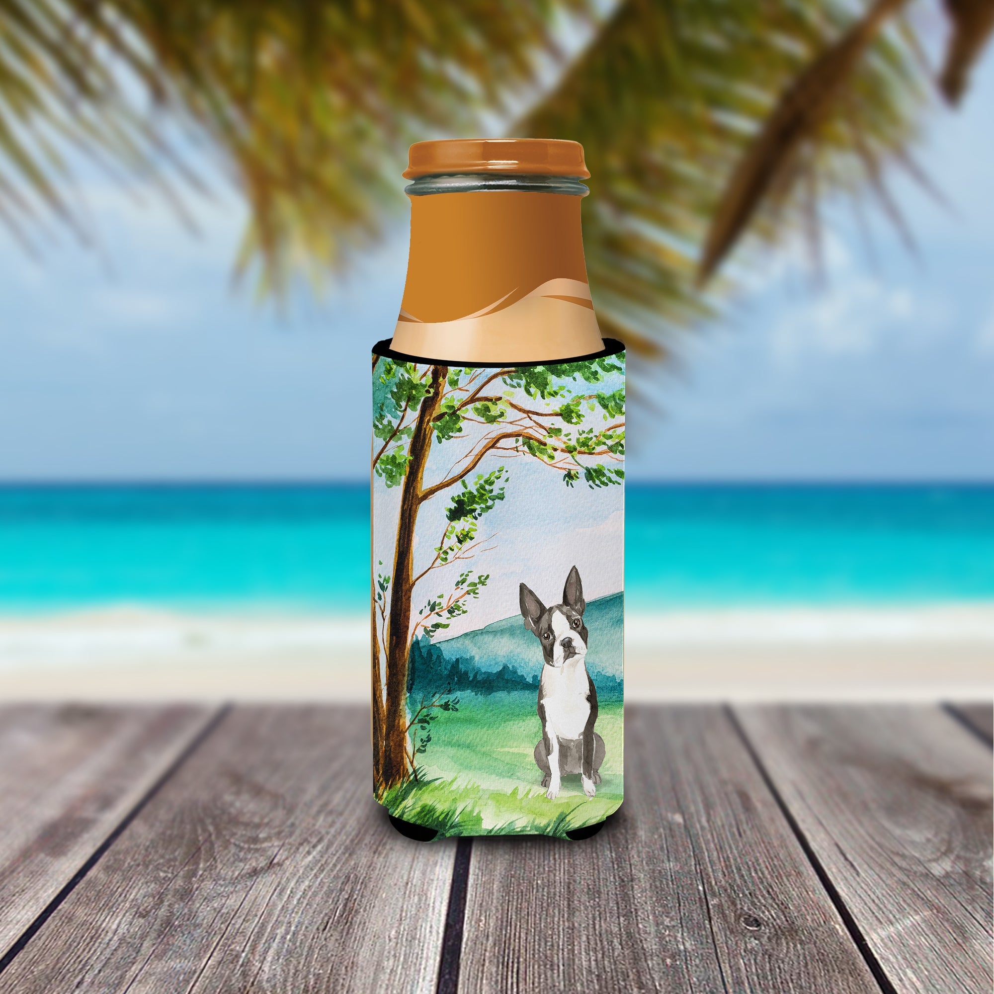 Under the Tree Boston Terrier Slim Can Hugger , Insulated Foam Hugger for 12 oz Slim Cans, Beer Bottles & Water Bottles, Printed in USA