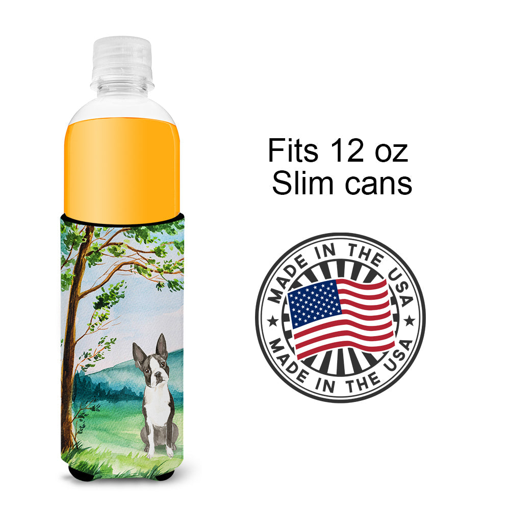 Under the Tree Boston Terrier Slim Can Hugger , Insulated Foam Hugger for 12 oz Slim Cans, Beer Bottles & Water Bottles, Printed in USA