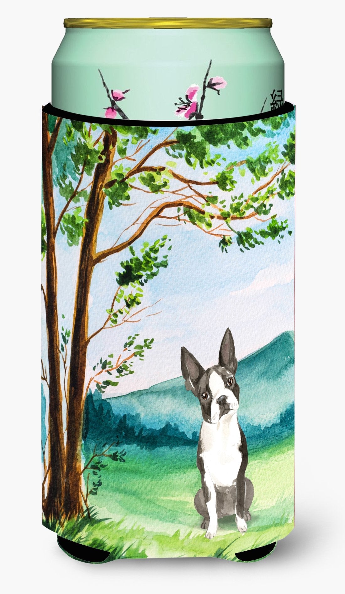 Under the Tree Boston Terrier Tall Boy Hugger Can Cooler Sleeve Machine Washable Drink Collapsible Insulator Beverage Insulated Holder