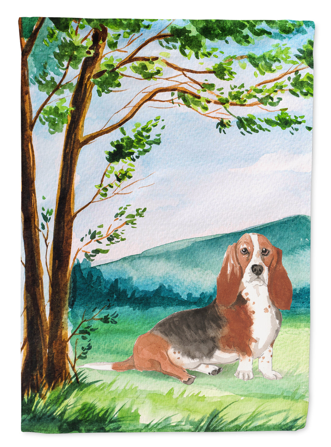 Under the Tree Basset Hound House Flag 28x40 Porch Sleeve Pole Decorative Outside Yard Banner Artwork Wall Hanging, Polyester