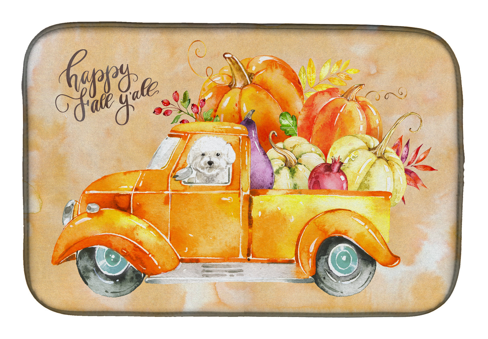 Fall Harvest Bichon Frisé Dish Drying Mat Absorbent Dish Drying Mat Pad for Kitchen Counter Dish Drainer Mat for Countertop, 14 x 21", Multicolor