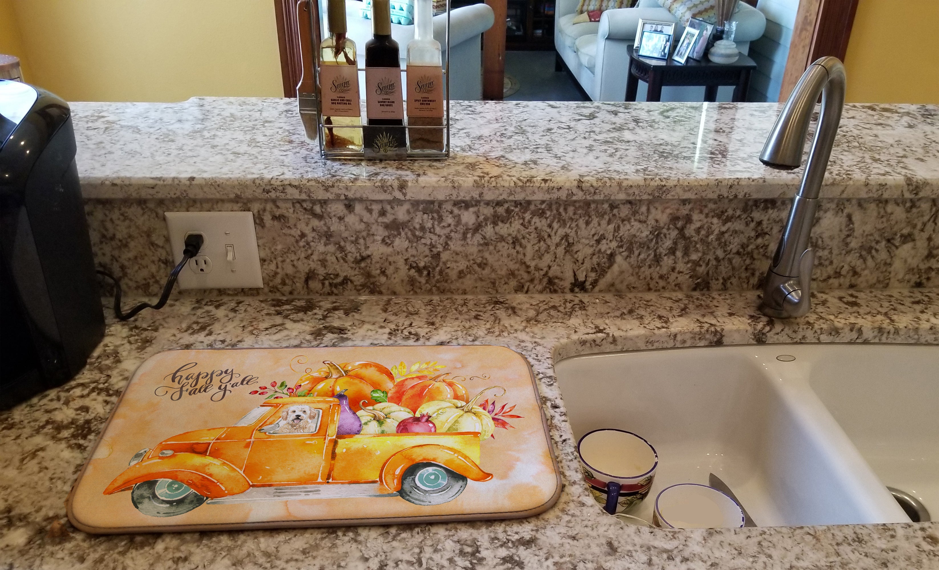 Fall Harvest Goldendoodle Dish Drying Mat Absorbent Dish Drying Mat Pad for Kitchen Counter Dish Drainer Mat for Countertop, 14 x 21", Multicolor