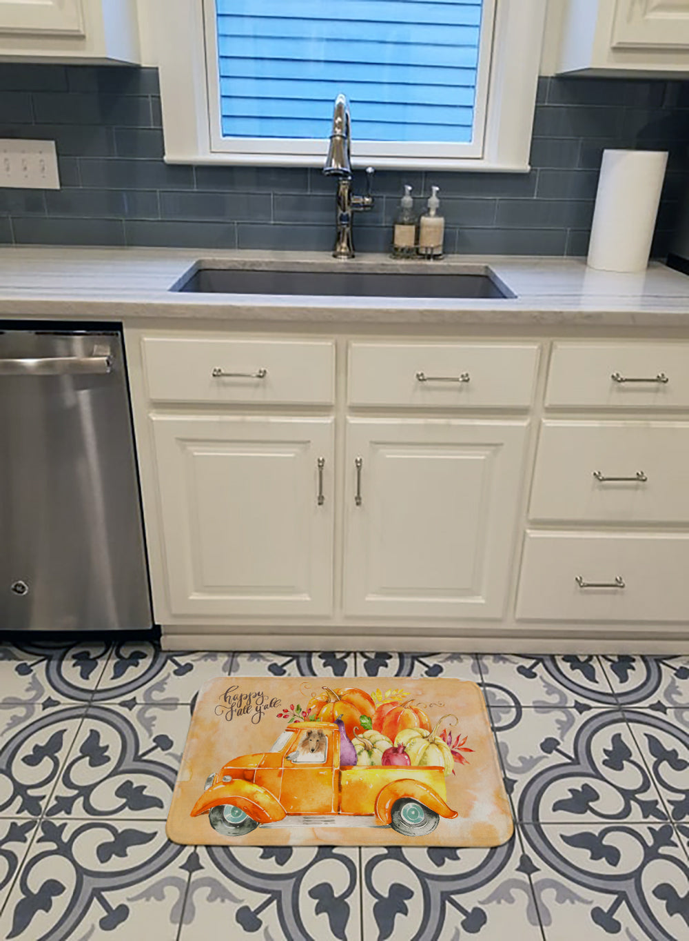 Fall Harvest Collie Memory Foam Kitchen Mat Machine Washable Anti-Fatigue Cushion Comfort Bath or Kitchen Rug