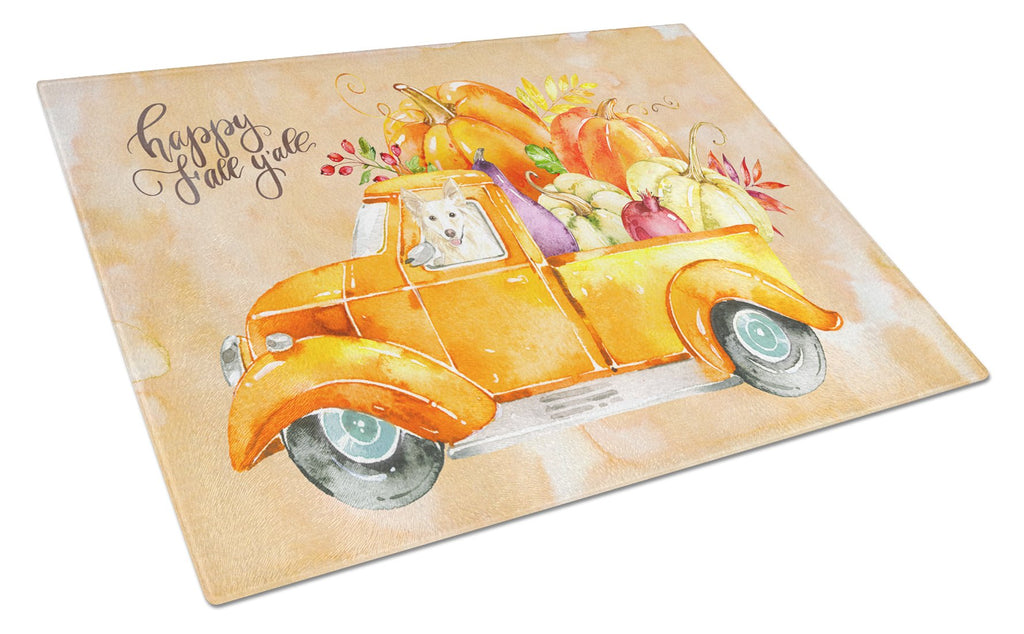 Fall Harvest White Collie Cutting Board Tempered Glass Kitchen Cutting Surface, Heat Resistant Chopping, Non-Slip Feet, Food Prep & Serving