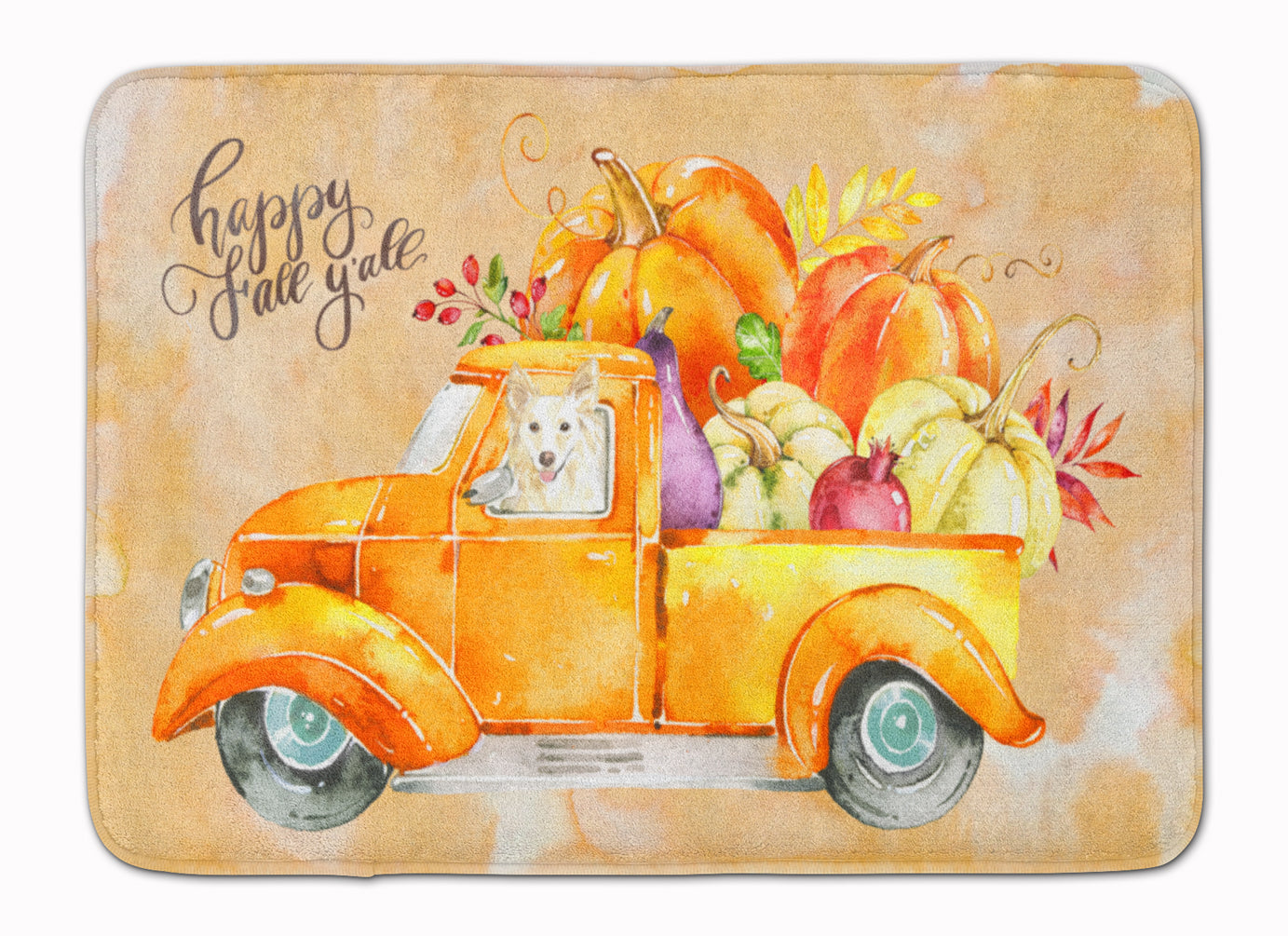 Fall Harvest White Collie Memory Foam Kitchen Mat Machine Washable Anti-Fatigue Cushion Comfort Bath or Kitchen Rug