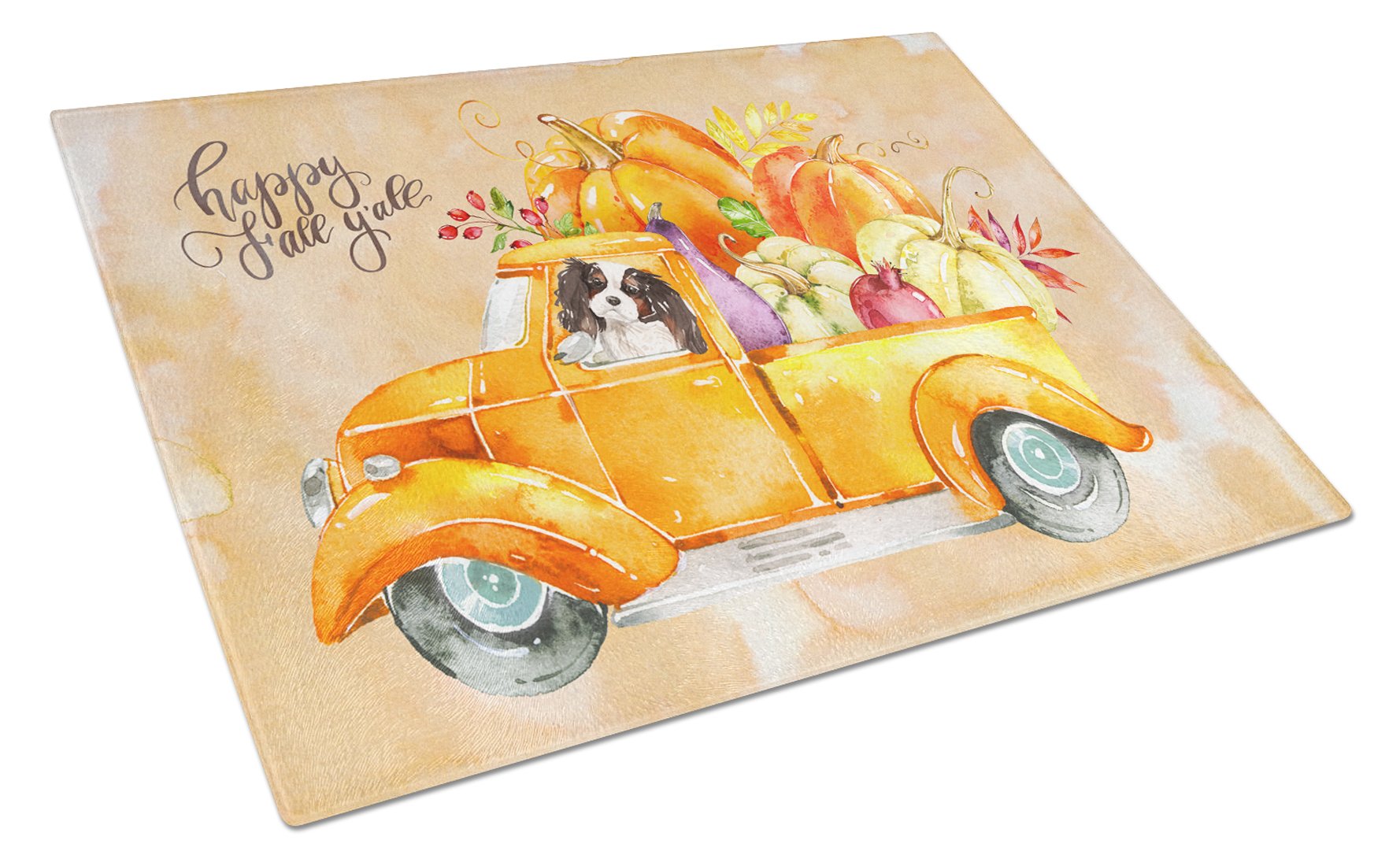 Fall Harvest Tricolor Cavalier Spaniel Cutting Board Tempered Glass Kitchen Cutting Surface, Heat Resistant Chopping, Non-Slip Feet, Food Prep & Serving