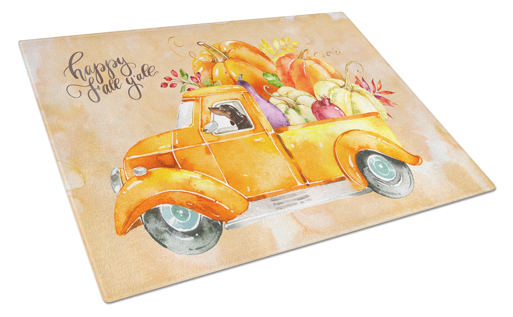 Fall Harvest Dachshund Cutting Board Tempered Glass Kitchen Cutting Surface, Heat Resistant Chopping, Non-Slip Feet, Food Prep & Serving