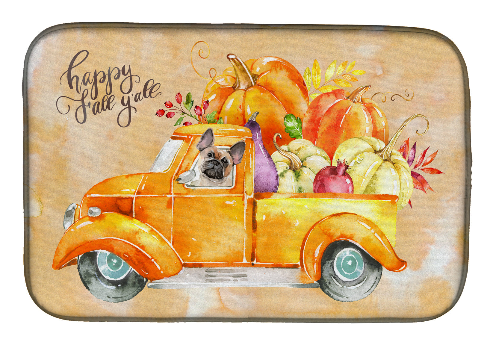 Fall Harvest Fawn French Bulldog Dish Drying Mat Absorbent Dish Drying Mat Pad for Kitchen Counter Dish Drainer Mat for Countertop, 14 x 21", Multicolor