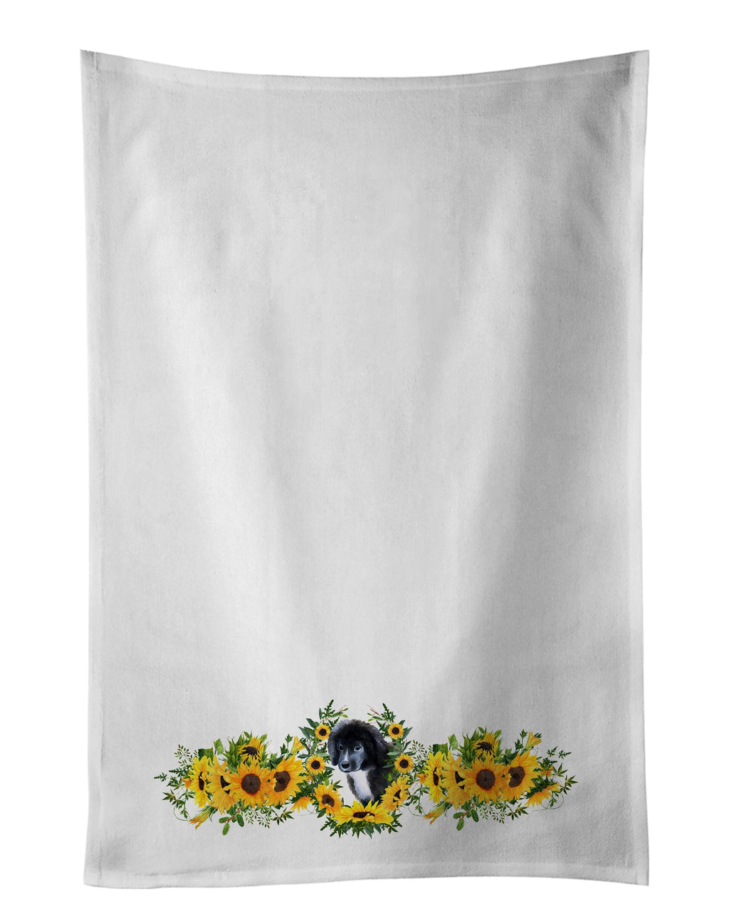 Newfoundland Puppy in Sunflowers Kitchen Towel Set of 2 White Dish Towels Decorative Bathroom Hand towel for Hand, Face, Hair, Yoga, Tea, Dishcloth, 19 X 28", White