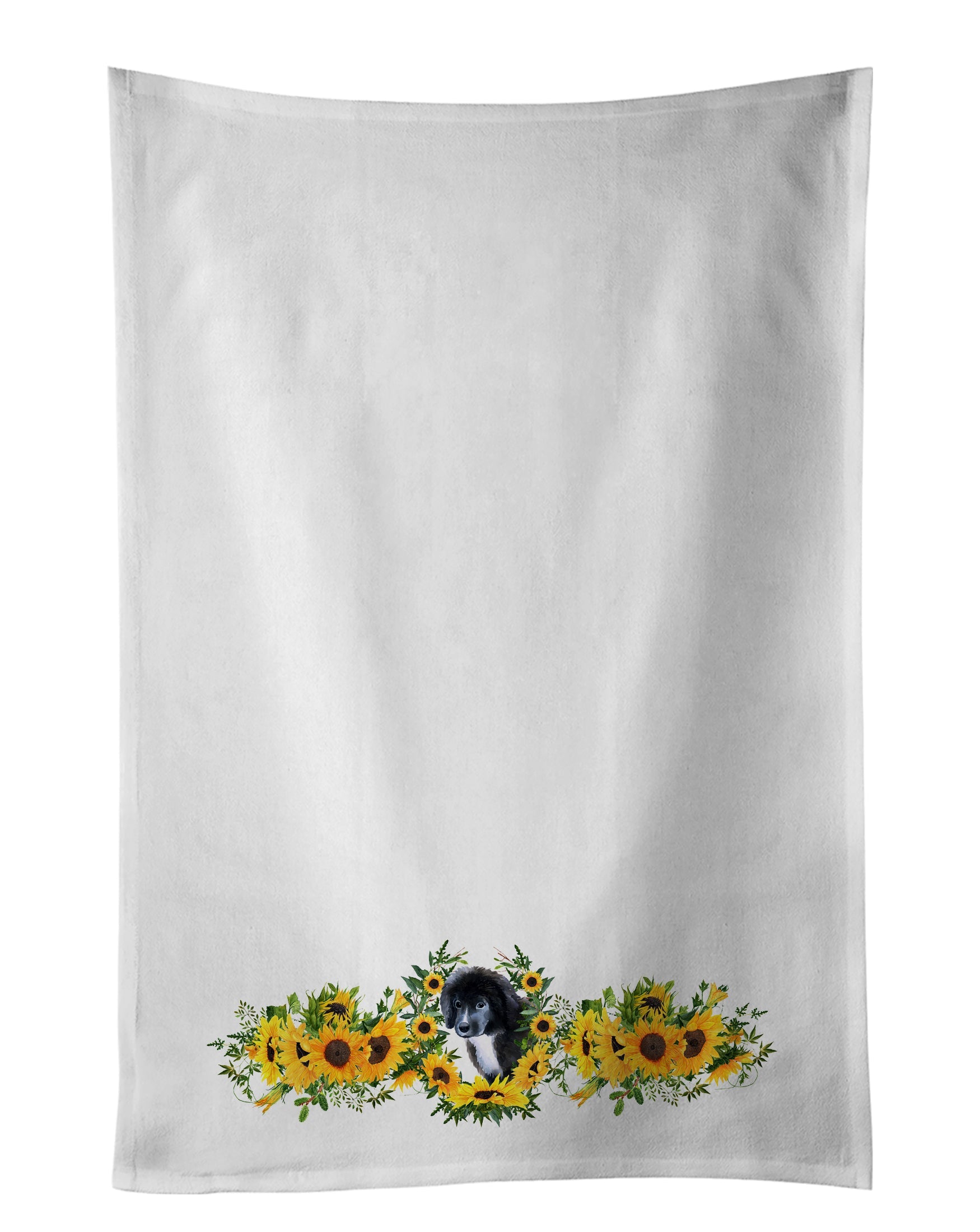 Newfoundland Puppy in Sunflowers Kitchen Towel Set of 2 White Dish Towels Decorative Bathroom Hand towel for Hand, Face, Hair, Yoga, Tea, Dishcloth, 19 X 28", White