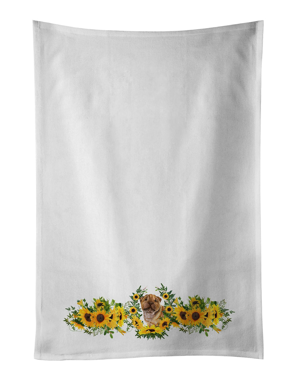 Shar Pei Puppy in Sunflowers Kitchen Towel Set of 2 White Dish Towels Decorative Bathroom Hand towel for Hand, Face, Hair, Yoga, Tea, Dishcloth, 19 X 28", White