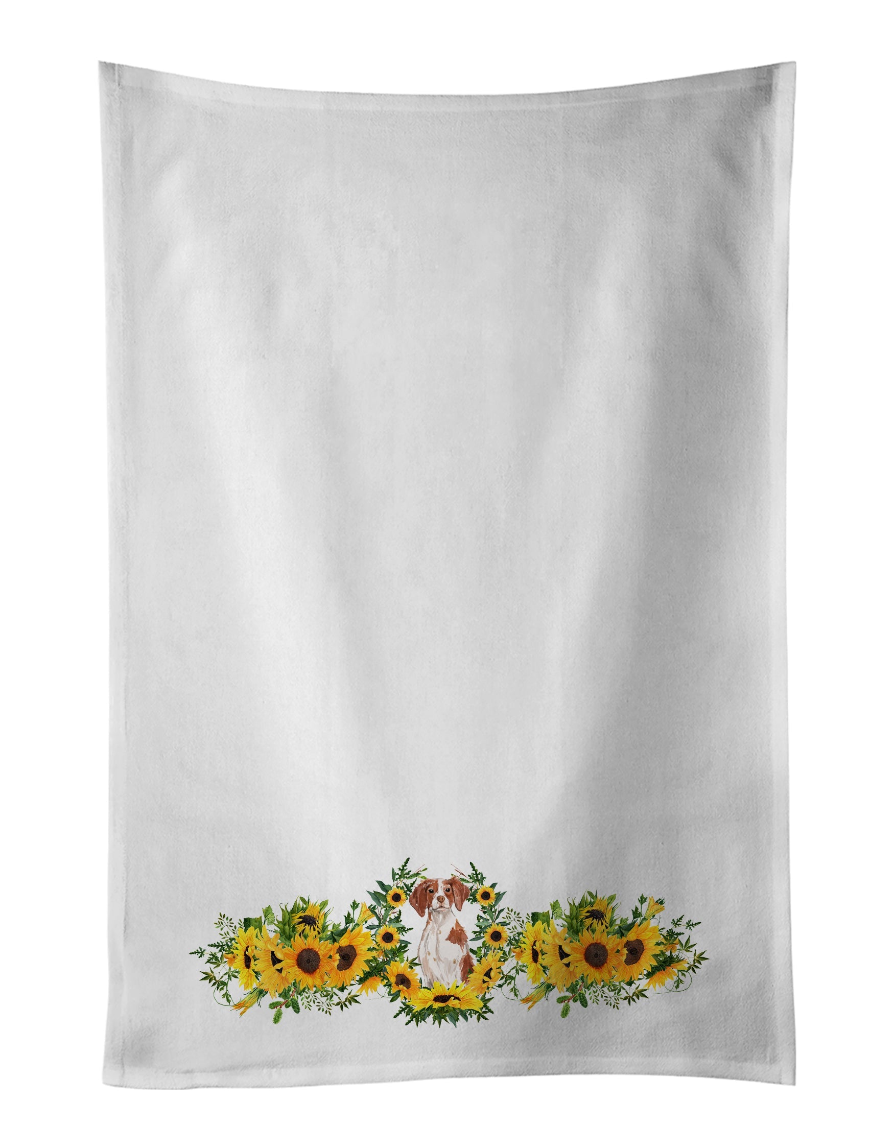 Brittany Spaniel in Sunflowers Kitchen Towel Set of 2 White Dish Towels Decorative Bathroom Hand towel for Hand, Face, Hair, Yoga, Tea, Dishcloth, 19 X 28", White