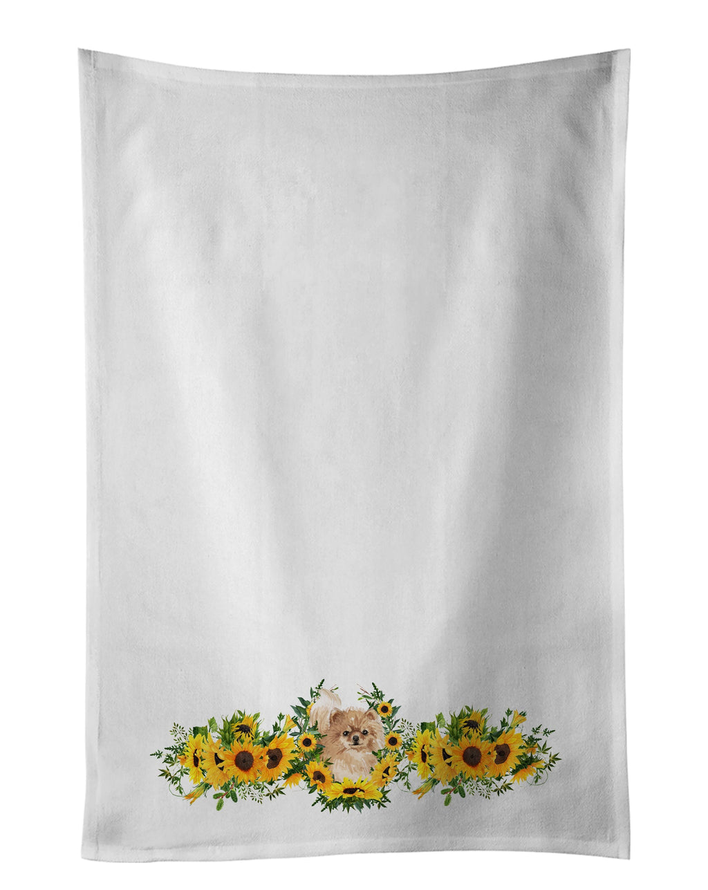 Pomeranian in Sunflowers Kitchen Towel Set of 2 White Dish Towels Decorative Bathroom Hand towel for Hand, Face, Hair, Yoga, Tea, Dishcloth, 19 X 28", White