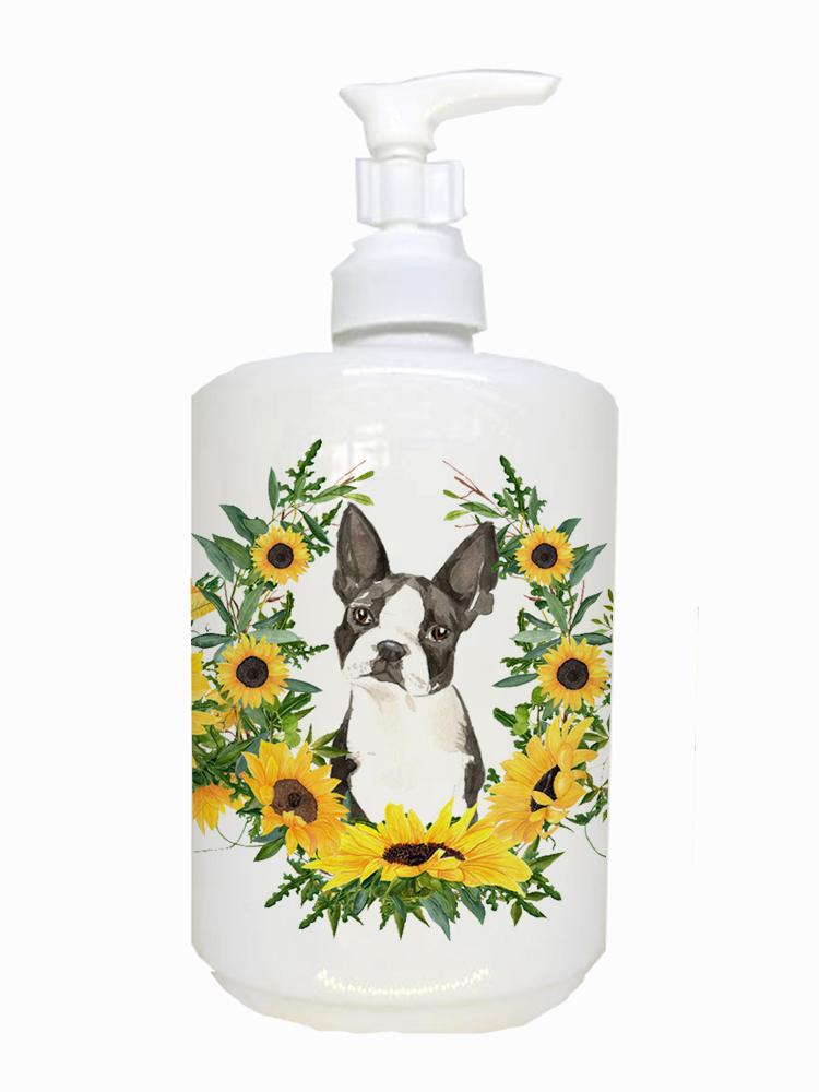 Boston Terrier in Sunflowers Ceramic Soap Dispenser , Empty Refillable Hand Soap Pump Bottle for Bathroom Kitchen