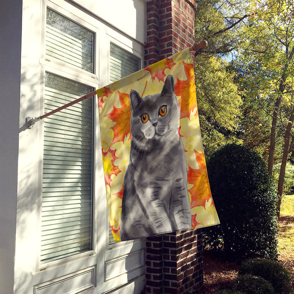 British Shorthair Fall Leaves House Flag 28x40 Porch Sleeve Pole Decorative Outside Yard Banner Artwork Wall Hanging, Polyester