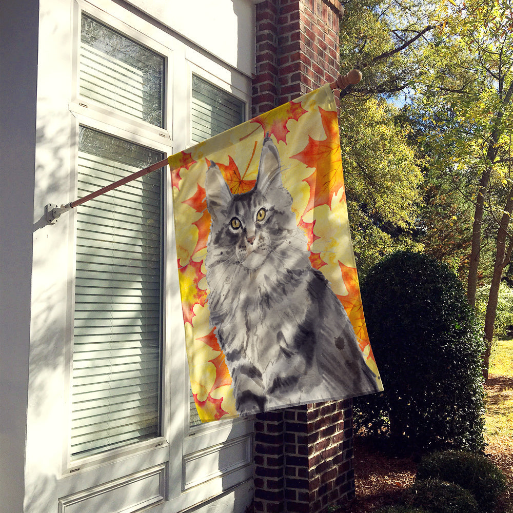 Maine Coon Fall Leaves House Flag 28x40 Porch Sleeve Pole Decorative Outside Yard Banner Artwork Wall Hanging, Polyester
