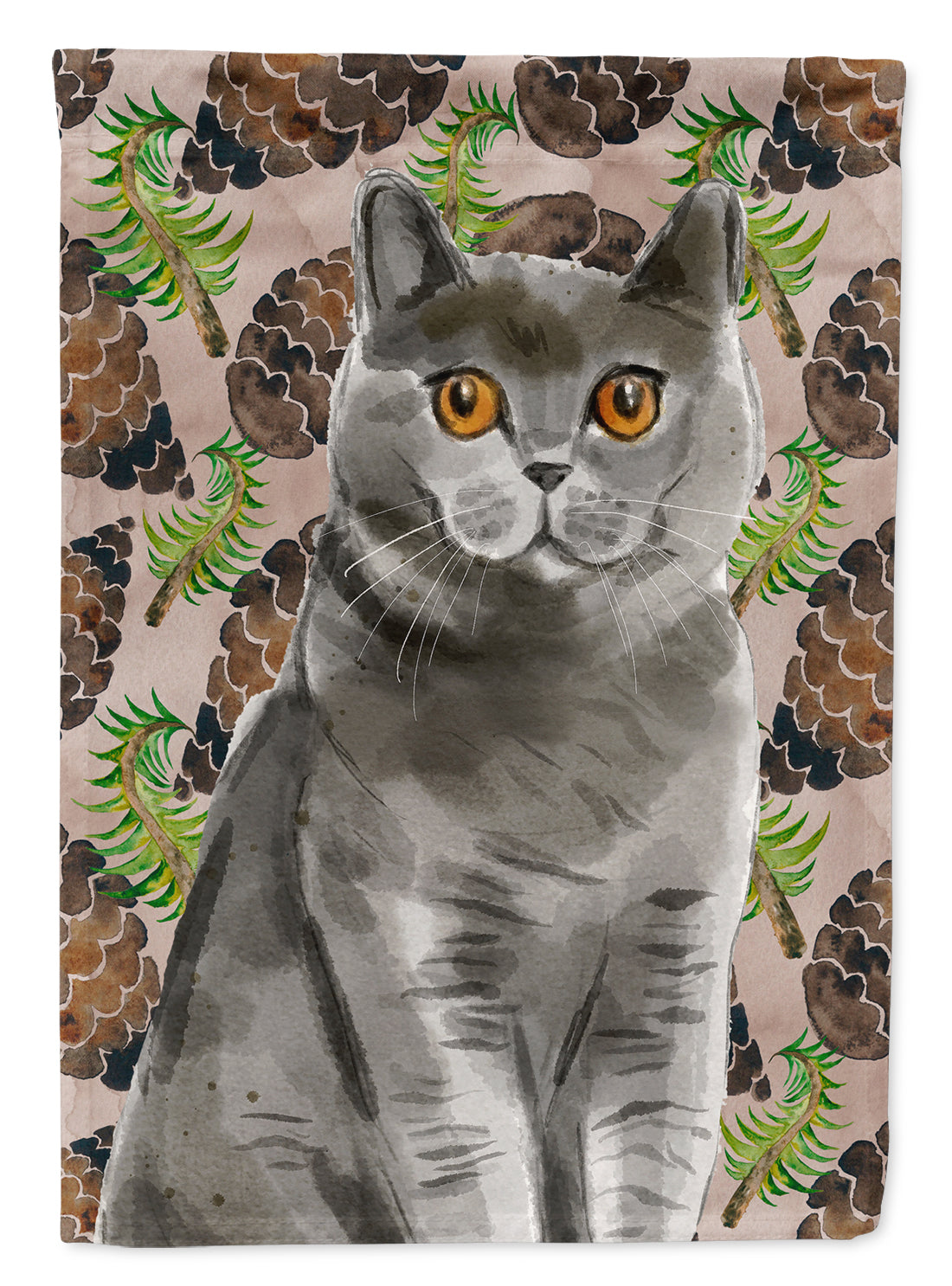 British Shorthair Pine Cones House Flag 28x40 Porch Sleeve Pole Decorative Outside Yard Banner Artwork Wall Hanging, Polyester
