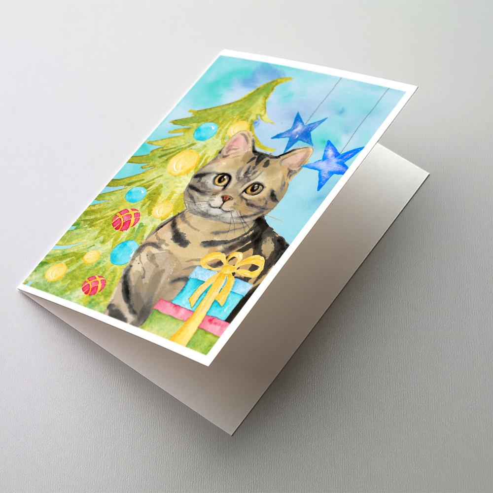 American Shorthair Brown Tabby Christmas Presents Greeting Cards Pack of 8 Blank Cards with Envelopes Whimsical A7 Size 5x7