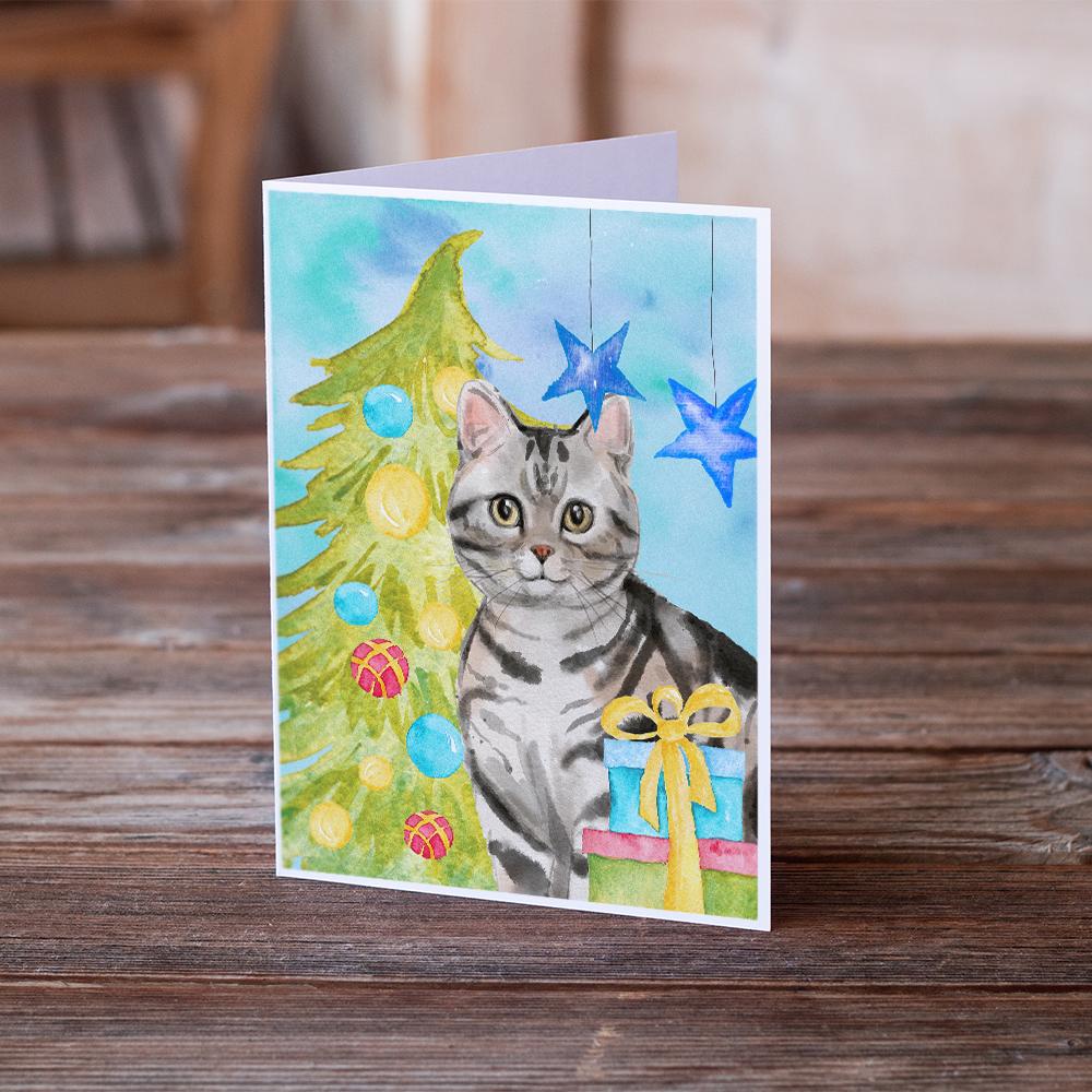 American Shorthair Christmas Presents Greeting Cards Pack of 8 Blank Cards with Envelopes Whimsical A7 Size 5x7